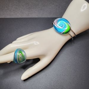 Dichroic Art Glass Hinged Cuff Bracelet & Ring Silver Purple Blue Green Swirl